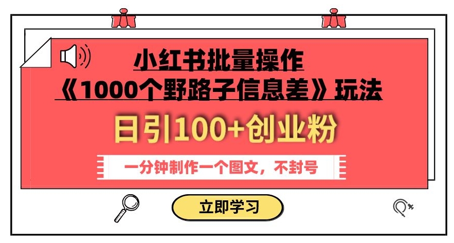 小红书批量操作《1000个野路子信息差》玩法，一分钟制作一个图文，不封号，日引100+创业粉-八爪鱼资源库