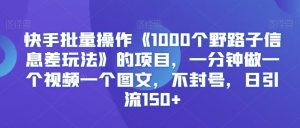 快手批量操作《1000个野路子信息差玩法》的项目,一分钟做一个视频一个图文,不封号,日引流150+【揭秘】-八爪鱼资源库